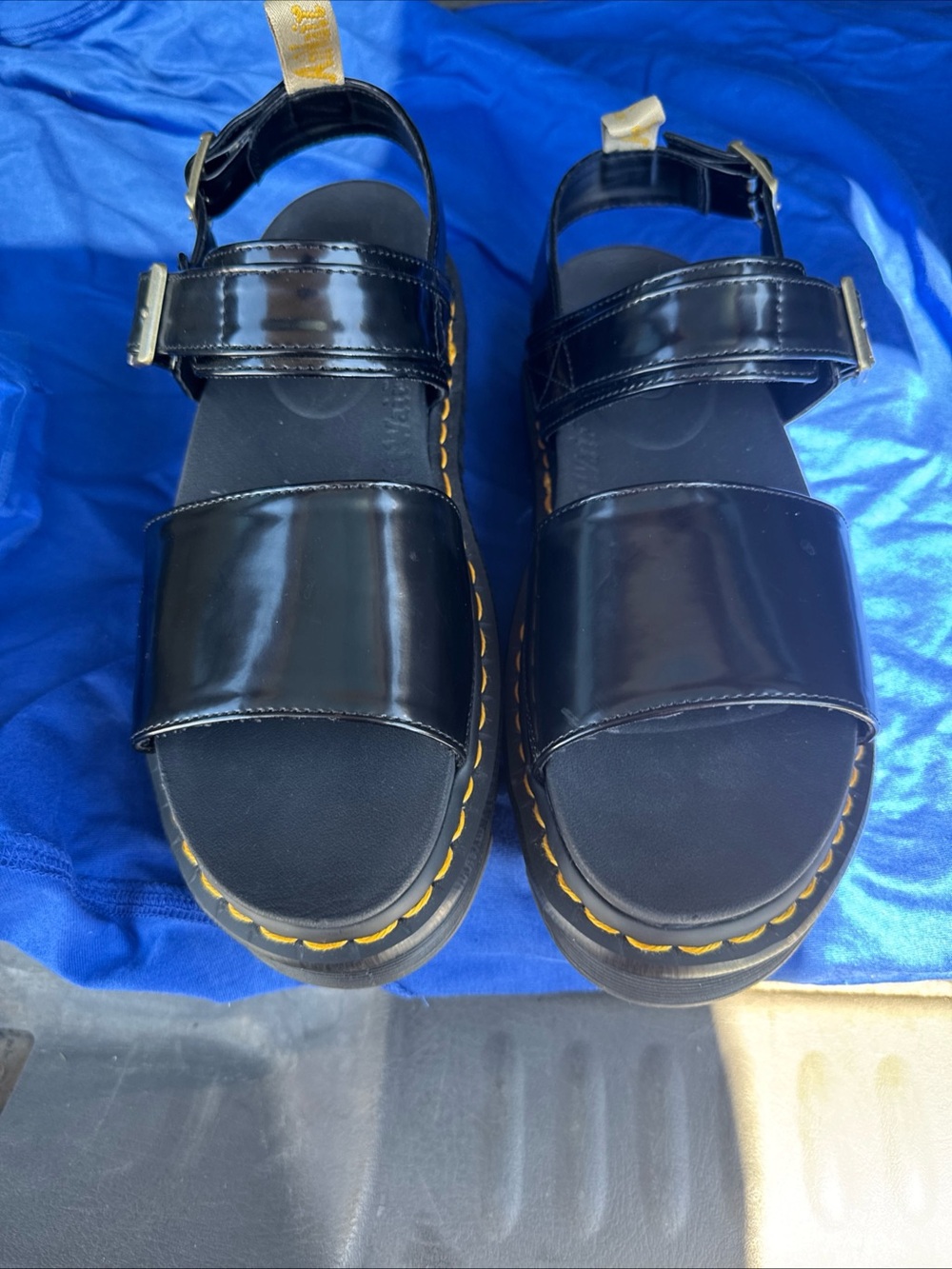 Dr. Martens Black Patent Leather Platform Sandals with Yellow Stitching